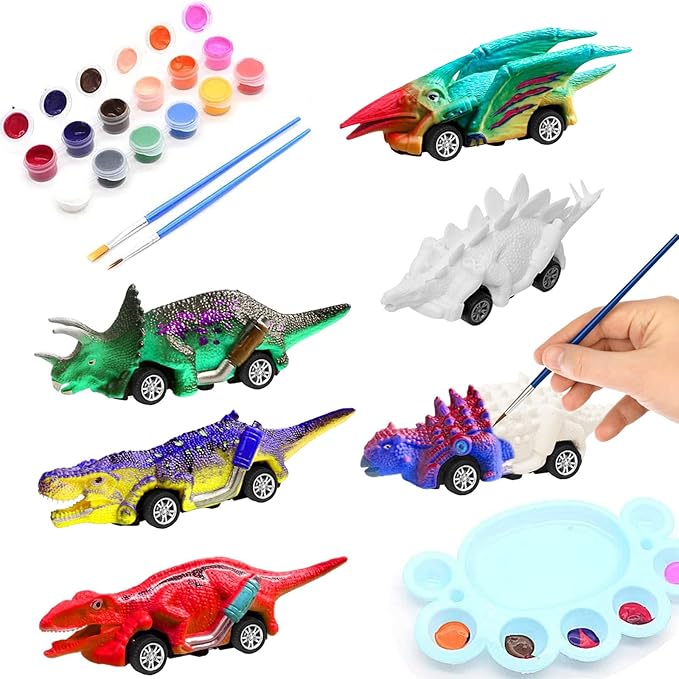 Mchochy 6 Pack Painting Dinosaur Pull Back Car Toys Arts and Crafts for Kids Age 3-12, DIY Dinosaur Painting Kits for Boys Girls Kids Christmas Party Favors Stocking Stuffers Gifts