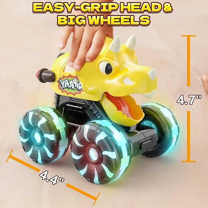 Yellow Triceratops Dino Monster Truck – Toddler Push Car Toy with LED Wheels – Press & Go Dinosaur Toy Vehicle for Kids Ages 2 3 4 5 – Chomping Mouth Light-Up Action Toy for Boys Girls