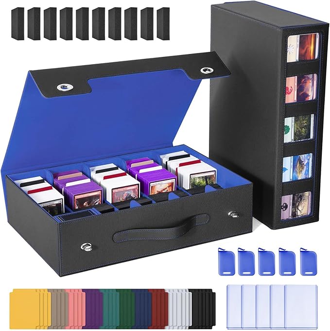 UAONO Trading Card Storage Box with Commander Display, 5 Row Magic Card Box with Handle & Aluminum Alloy Locking for 3900+ Unsleeved Cards Suits for MTG PTCG TCG Sports Cards (Black Blue)
