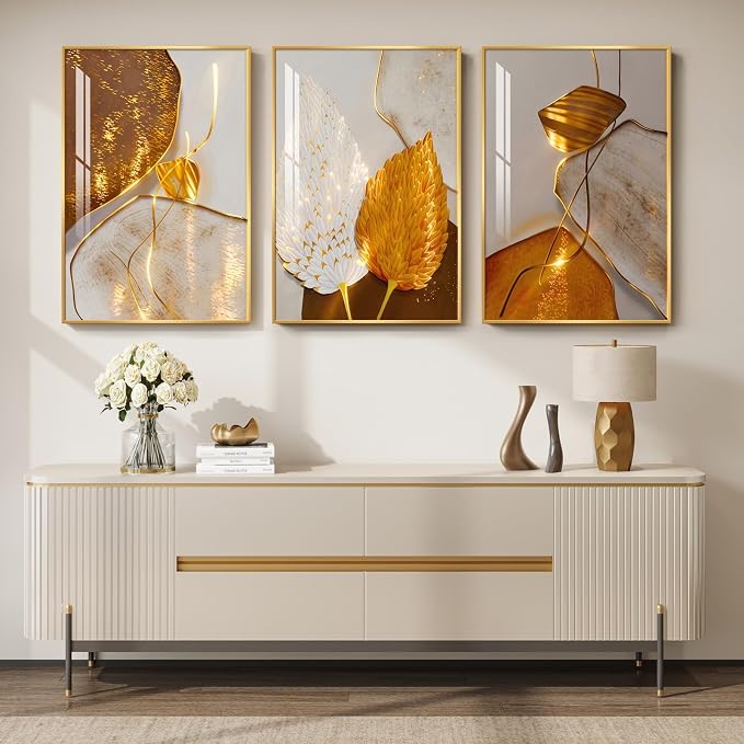 Framed Modern Luxury Wall Art for Living Room, Large White and Gold Leaf Artwork for Bedroom Walls, 3 Piece Contemporary Bright Style Abstract Prints for Office Hallway Hallway Wall Decor, 24x36 Inch