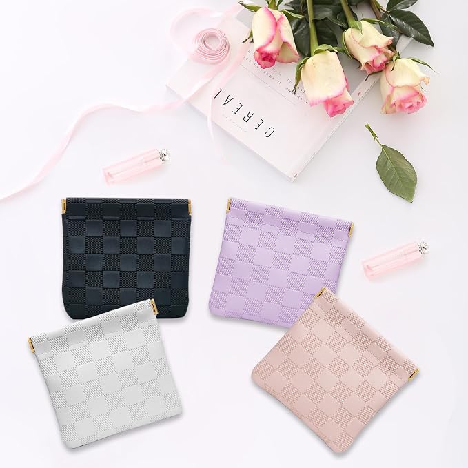 4 PCS Small Makeup Bag for Women, Small Pouches for Purse,Mini Checkered Cosmetic Bag Waterproof Pouch for Travel Storage bag, for Cosmetics Headphones Jewelry Cosmetic Lipstick Coins (4 colors)