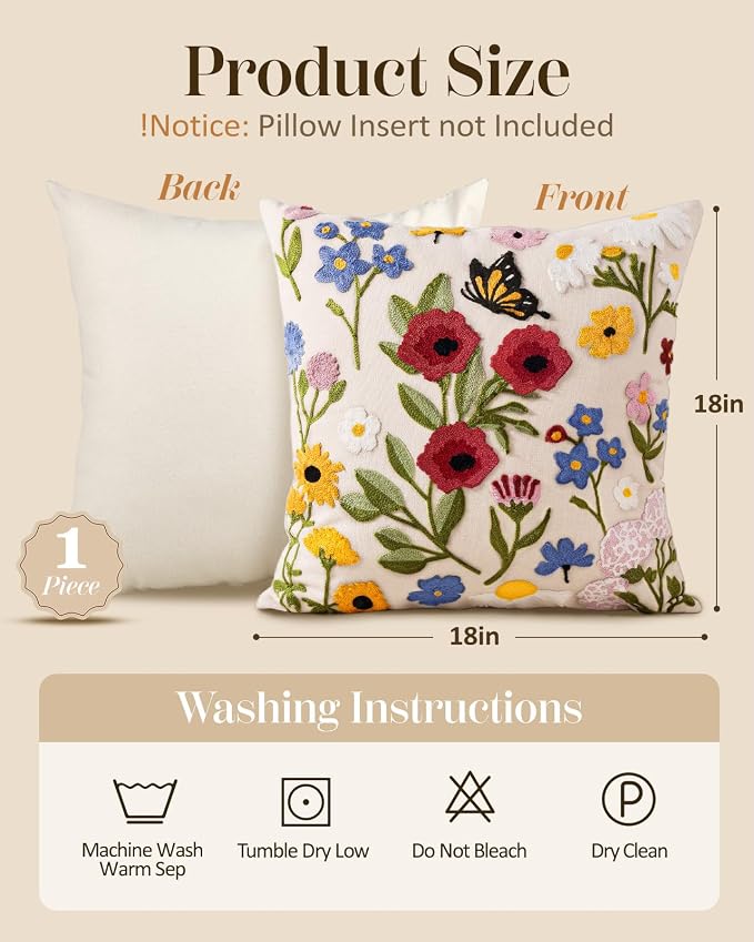 Embroidered Throw Pillow Cover 18x18 Inch, Retro Flower | Decorative Pillow Cover, Vintage Boho Cushion Case with Hidden Zipper, Floral Decor for Couch, Sofa, Living Room, Bedroom