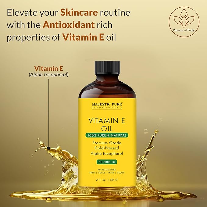 Majestic Pure Vitamin E Oil 2 Oz Vitamin E oil for Skin, Face Oil, Hair Oil and Body Oil- 100% Pure and Natural, 70,000 IU- Cold Pressed Hexane Free Non-GMO Gluten Free Formula