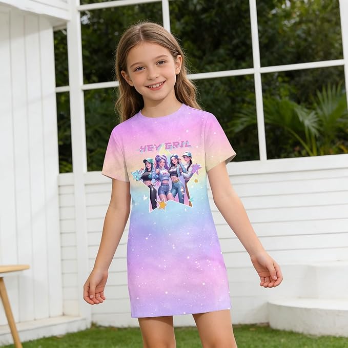 Girl's Anime K-POP Graphic Long Dress T-Shirt - Casual Loose Fit Short Sleeve Top