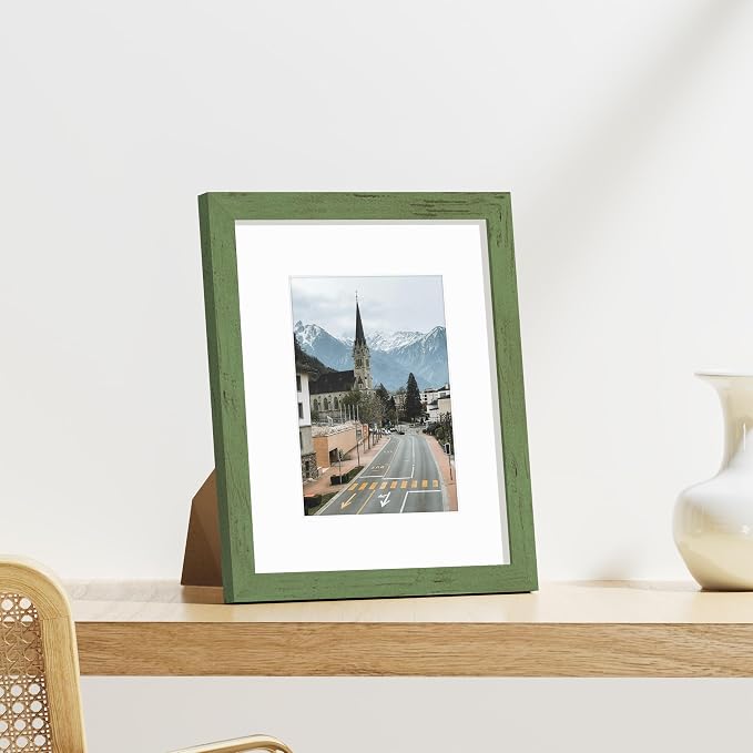 Vittanly 8x10 Picture Frames Set of 9, Wall & Tabletop, Rustic Green | Display Pictures 5x7 with Mat or 8x10 without Mat, Small Photo Frames, Engineered Wood with Shatter Resistant Plexiglass