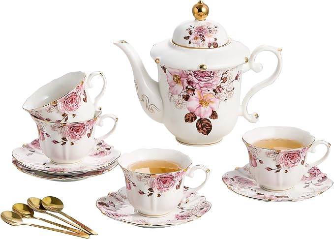 TATSUMI Country Roses Porcelain Tea Set, European Ceramic tea set for adults,Vintage Style, For Women and Tea Parties (Chocolate Red, 13 Pieces Set)