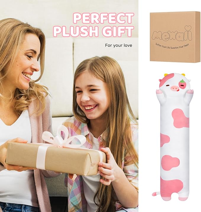 Long Cow Plush 5 Sizes, 120% Extra Filling Giant Plushness Kids Body Pillow, Kawaii Cute Strawberry Cow Stuffed Animals Plushies, Big Long Body Pillow Cat Plush Gift for Girls 53”