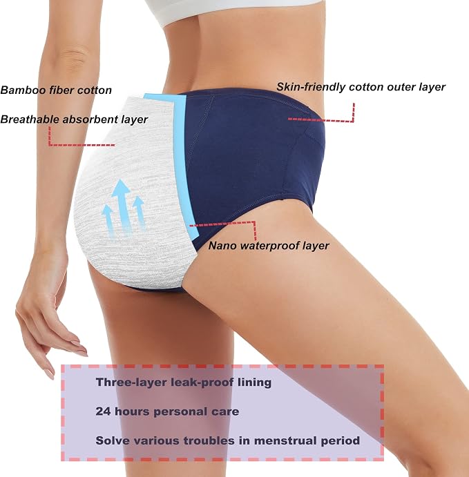 HATSURE Period Underwear for Women Leak Proof Cotton Overnight Menstrual Panties Briefs (Multipack)