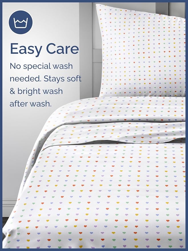 Kids Queen Size Bed Sheet Set - 4 Piece Kids Loft Bed Sheets - Soft, Cute and Cozy - Comfy, Breathable and Machine Washable - Easy-Care & Wrinkle Free Hearts Bed Set for Boys, Girls, Teens & Toddlers