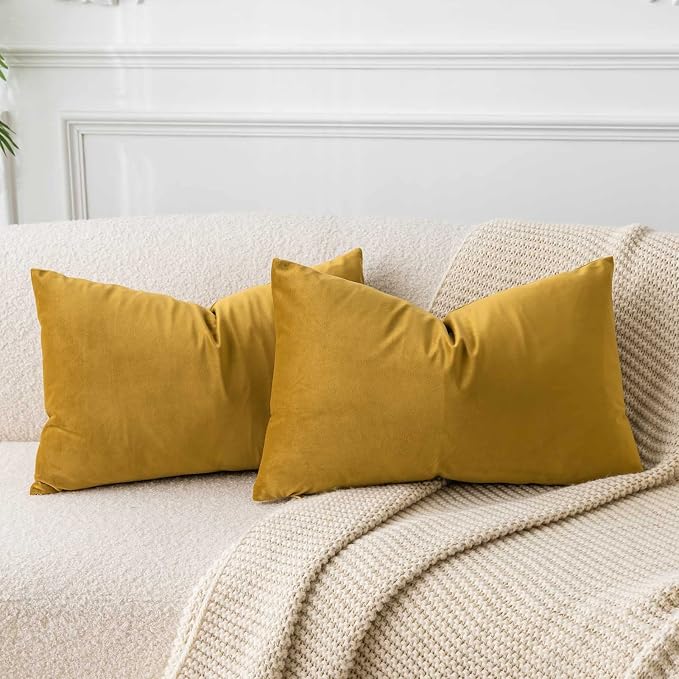 14x24 Velvet Throw Pillow Covers Set of 2 for Couch Bed Sofa,Mustard Yellow | Decorative Soft Pillow Covers with Invisible Zipper for Couch Sofa Bed Living Room Bedroom Home Decor
