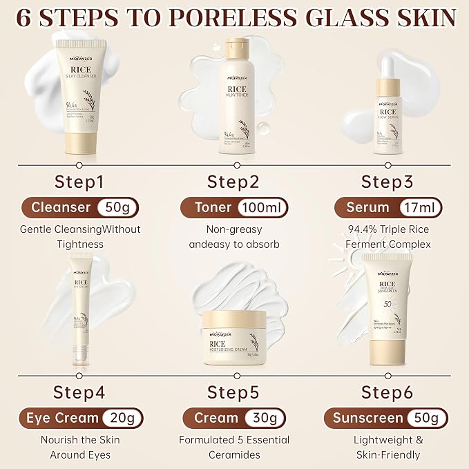 11PCS Rice Skincare Set, Korean Skin Care Set for Women Teens Girls, Rice Cleanser Toner Dual Serum Face Cream Eye Cream Sunscreen with Ice Roller Headband Wristband, Hydrating Daily Face Care Kit