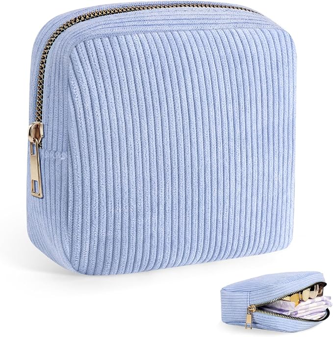 Corduroy Period Pouch Small Discreet Period Bag Sanitary Napkin Storage Bag Cute Menstrual Pad Pouch Tampon Bag for Purse Portable Zipper Makeup Bags for Women Ladies Blue