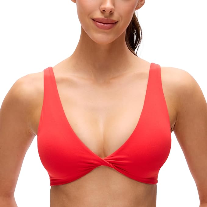 CRZ YOGA Butterluxe Front Twist Deep V Neck Sports Bras for Women - Wide Straps Padded U Back Yoga Crop Top