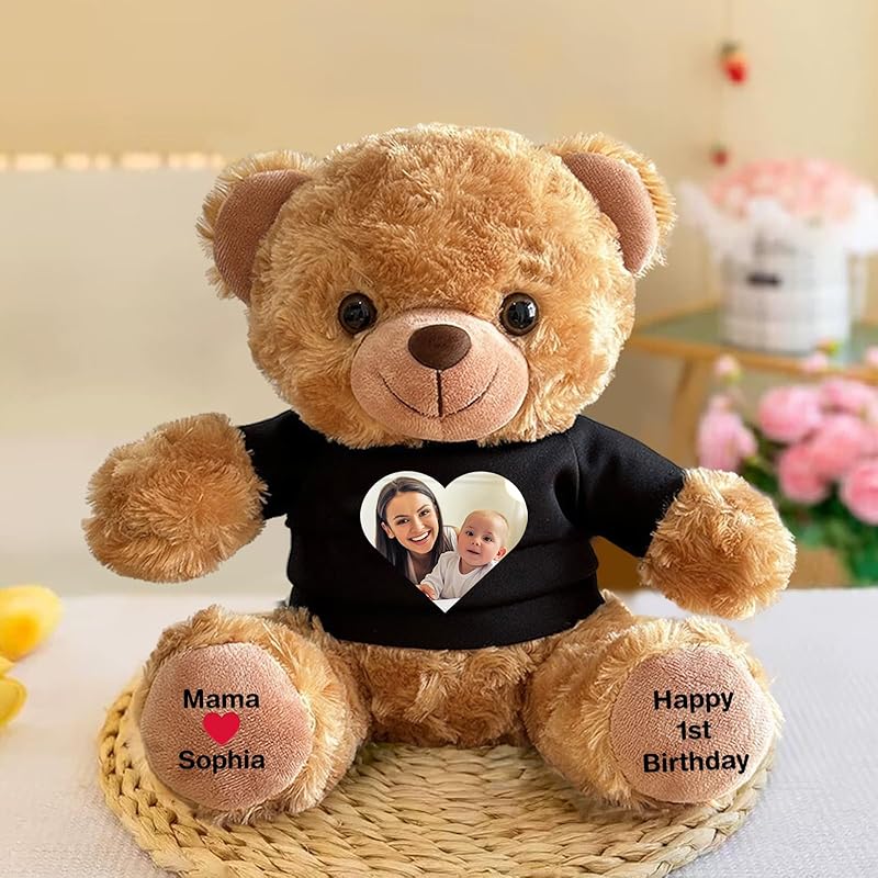 Custom Bear Plush with Picture Text Logo, 11 Inch Personalized Teddy Bear Stuffed Animal, Christmas Birthday Gift for Girls Boys Kids Adults Valentines Graduation Keepsake (T-shirt