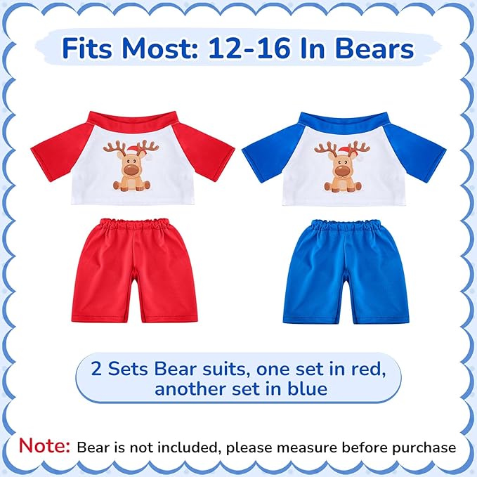 Civaner 2 Pack Blue and Pink Bear Clothes Outfit, Fit Most 12-16 Inch Bears Stuffed Animal Pajamas Plushie Clothes for Stuffed Animals, Pre-Kindergarten Toys(Deer Style)