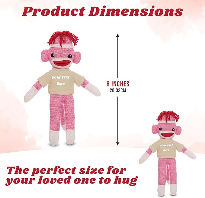 Huggable Pink Sock Monkey 8 Inch, Plush Stuffed Animal Personalized Gift-Custom Text on Shirt-Perfect for Halloween Day, Valentine's Day, Graduation Day, or Birthday Present (Tan)