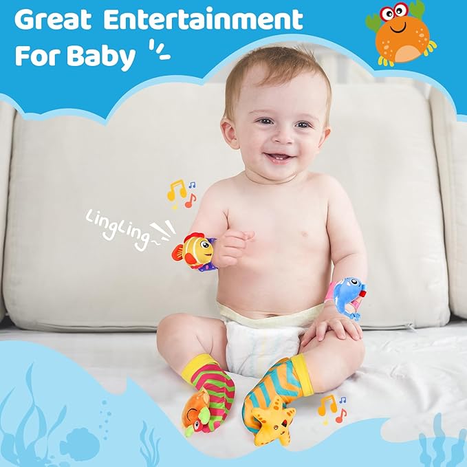 URMYWO Wrist Rattles for Baby - Rattle Socks - Foot Finder Set - Baby Toys for 0-12 Months Infant - Newborn Essentials - Early Learning Sensery Toys for Boys and Girls as Shower Gifts Valentines Gifts
