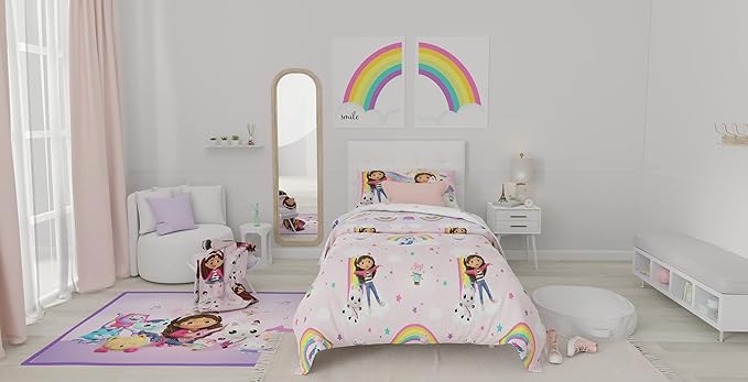 Gabby's Dollhouse Kids Twin Size Bedding, 5 Piece Super Soft Cozy Reversible Comforter and Sheet Set with Sham, (Officially Licensed Product) By Franco