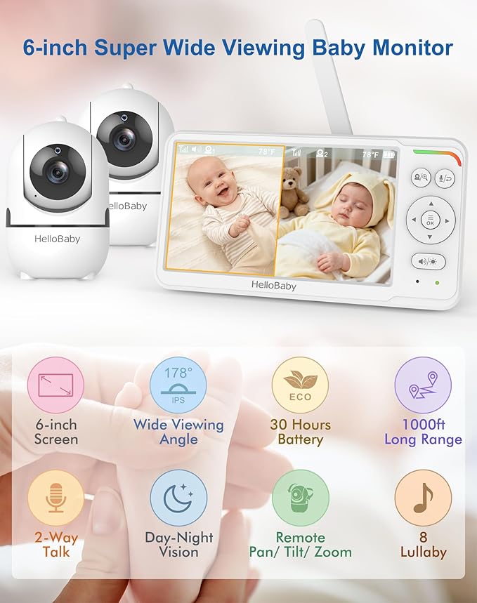 HelloBaby Baby Monitor with 2 Cameras, World First 6" IPS Split Screen, Double Cameras No WiFi, 30H Battery, 2-Way Audio, Pan-Tilt-Zoom, VOX Mode, Night Vision, 8 Lullabies, 1000ft Range