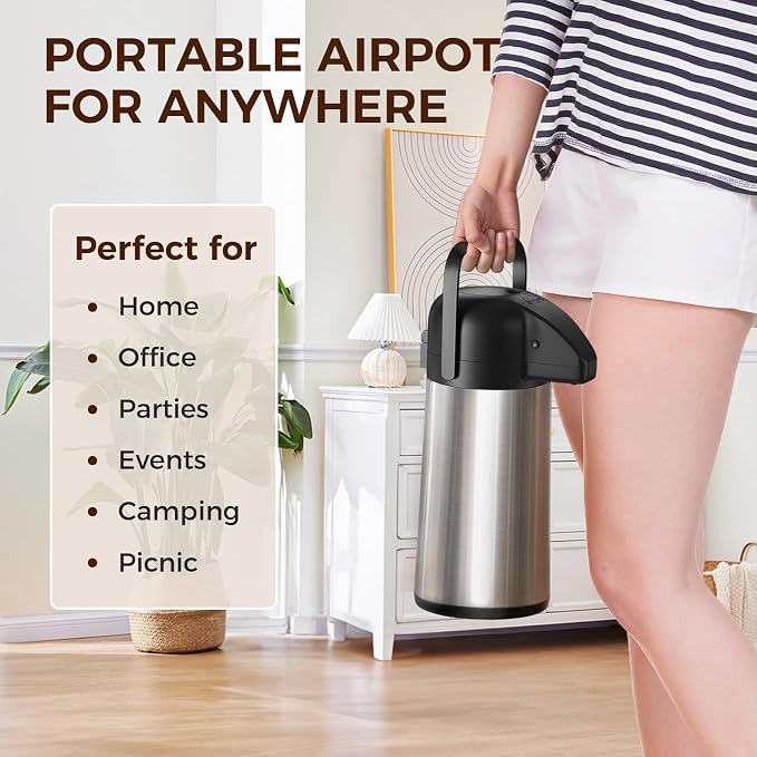 Coffee Carafe for Keeping Hot - Gezoss 64OZ / 1.9L Airpot Coffee Dispenser with Pump - Large Coffee Carafe for Hot Drinks Tea Liquid - Insulated Stainless Steel Hot Water Beverage Urn for Parties