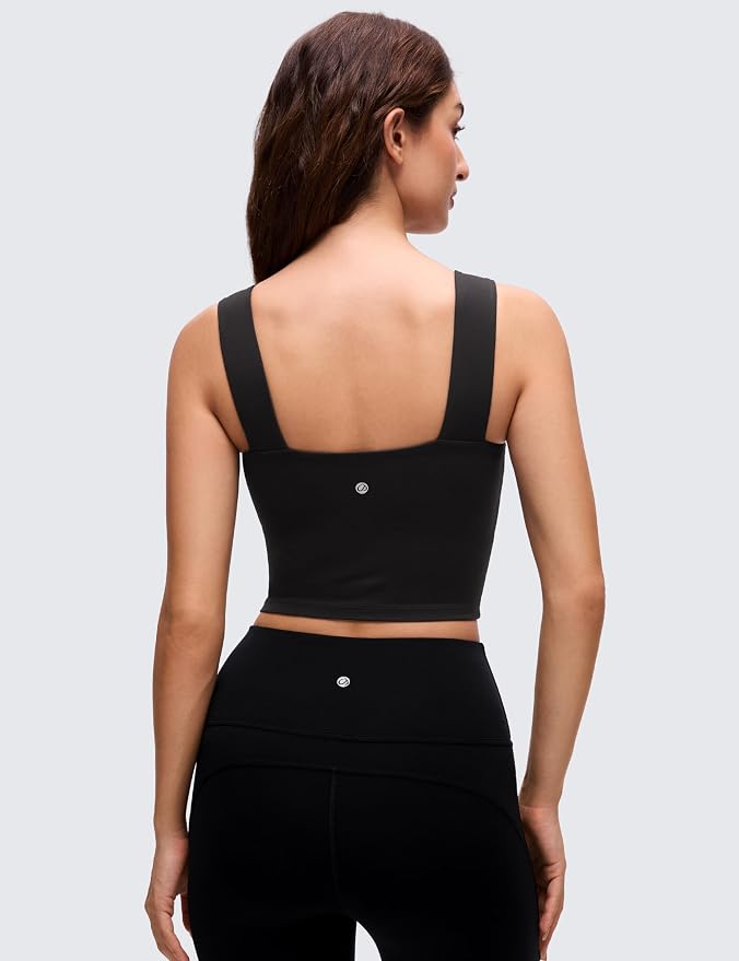 CRZ YOGA Butterluxe Wide Straps Square Neck Crop Tank Tops for Women - Padded Workout Yoga Longline Sports Bras