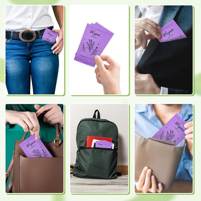 Individual Hand Wipes Wet Wipes Travel Size,Wet Wipes Individually Wrapped | 60PCS Bulk Cleansing Travel Size Wipes for Wedding Travel Restaurant Barbecue(Lavender)