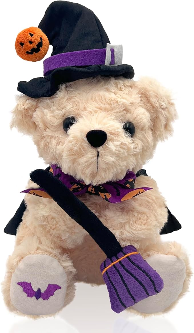 Teddy Bear Stuffed Animal Witch Bear with Broomstick Witchy Stuff - Witch Gifts for Women, Cool Witchy Birthday Gifts for Kids - Cute Purple Bear Plush Toy Party Decorations - 8 Inch