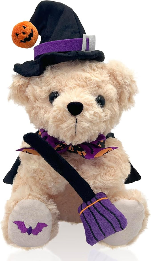 Teddy Bear Stuffed Animal Witch Bear with Broomstick Witchy Stuff - Witch Gifts for Women, Cool Witchy Birthday Gifts for Kids - Cute Purple Bear Plush Toy Party Decorations - 8 Inch