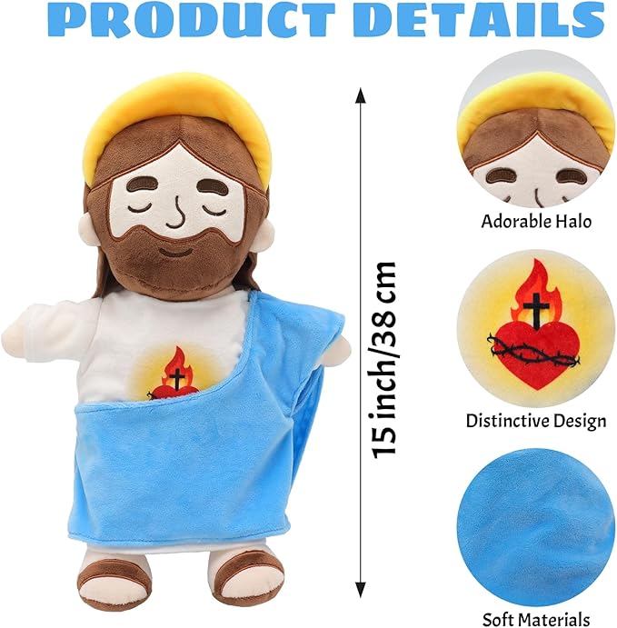 Soothing Jesus Plush Toys with Light & Sound, Jesus Stuffed Breathing Plushy Doll, Christian Catholic Religious Plushie Christmas Easter Gifts for Kids Baby (Blue)