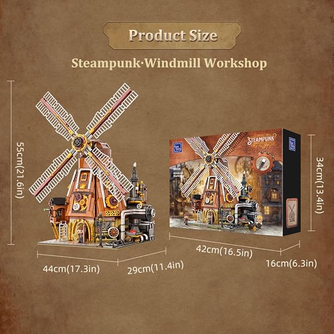 Steampunk Windmill Workshop Building Set - Dutch Windmill Architecture with Mechanical Drive with Motorized Rotating Blades,Gear Details,and Openable Wall - Collectible Display Kit for Adults