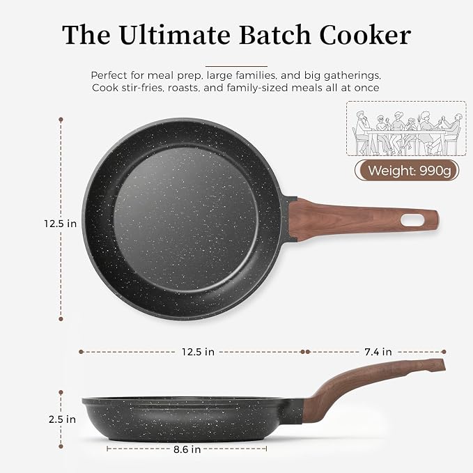 YASHE 12.5 Inch Granite Nonstick Frying Pan, Non-Toxic, Induction Ready | Omelette Pan with Stay-Cool Handle for All Stovetops PFOA/PFOS Free Large Cooking Skillet Pan for Steak, Bacon & Eggs