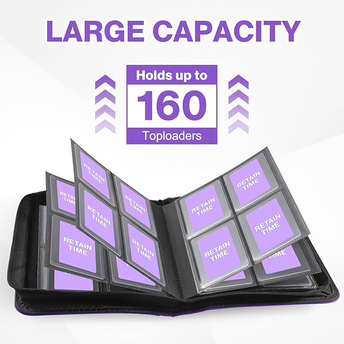 Toploader Binder, Holds 160 Toploaders, 100 Toploaders INCLUDED, 4-Pocket PU Cover Top Loader Binder for 3" x 4" Rigid Toploader, Ringless Double-Sided Toploader Card Binder for TCG, Sport Cards