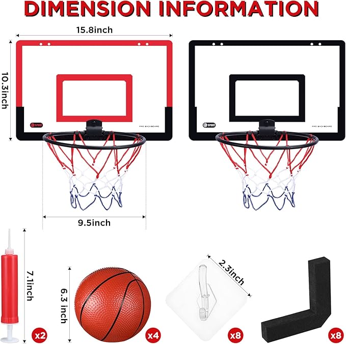 Sosation 2 Pcs Mini Basketball Hoop with 4 Basketball, Sticky Hook, Pump, Indoor No Drilling Basket Ball Hoop Decompress Game for Kid Adult Back to School Gift