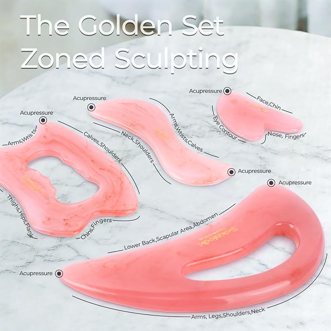 Scienlodic 4 Pcs Gua Sha Massage Tools for Face & Body (Pink, Resin) - Guasha Scraping Tool for Jawline Contouring, Puffiness Reduction, Neck, Back, Legs & Muscle Relaxation