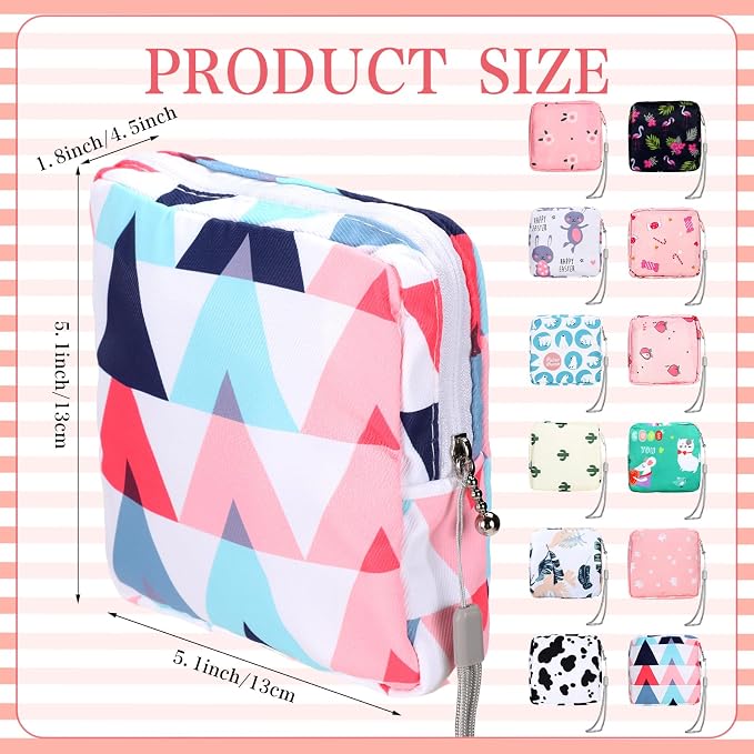 Paterr 12 Pcs Sanitary Napkin Storage Bag Set Portable Period Pouch with Lanyard for Menstrual Pad Bags Back to School First Period Gift for Teen Girls(Chic Style)