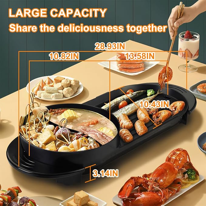 Electric Hot Pot Grill Combo 1500W Black | 2-in-1 Korean BBQ Shabu Shabu Cooker with Yin-Yang Divider, Large Capacity Separate Temp Control for Family Gatherings Indoor