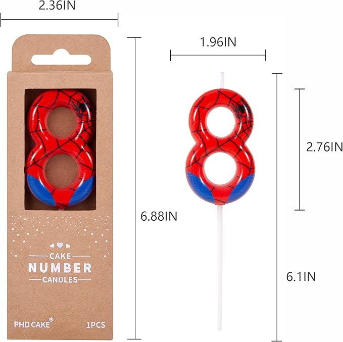 PHD CAKE 2.76 Inch Number 8 Spider Birthday Candles, Spider Cartoon Themed Number Candles, Cake Number Candles, Party Celebration