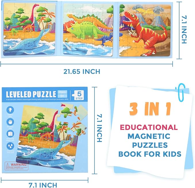 Magnetic Puzzles for Kids Ages 4-8, 3 in 1 Dinosaurs Magnet Jigsaw Puzzle Book, Toddlers Travel Puzzles Toys, Preschool Learning Toy for Kids 3-8 Year (Dinosaurs)