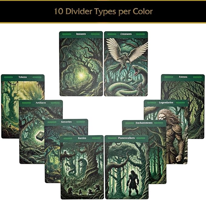 MTG Card Dividers - 77 Plastic Magic Dividers for Deck & Storage Box Organization. Unique Artwork, Color & Type Organizers for Magic The Gathering Cards (2.6 x 3.8 Inches)