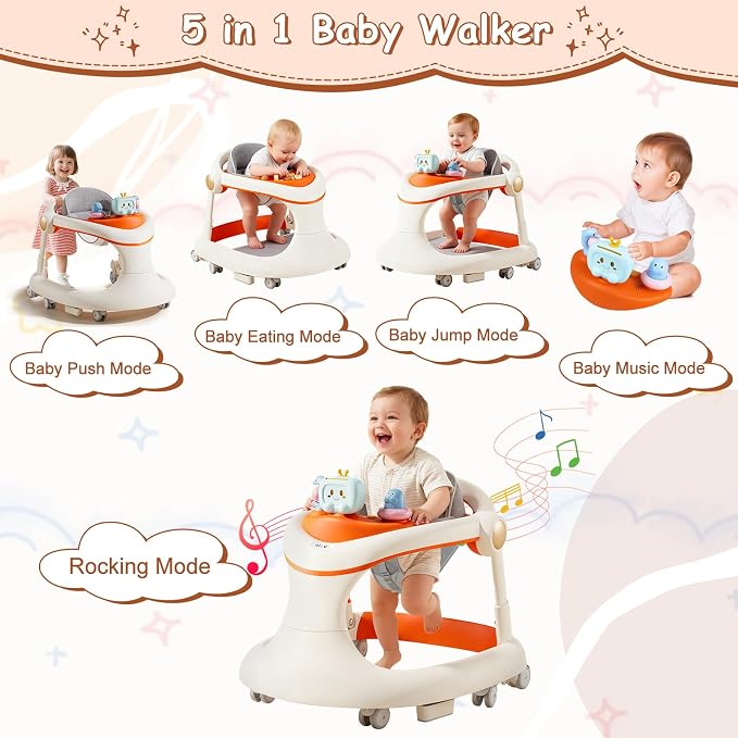 Foldable Baby Walker with Wheels, Activity Toddler Walkers for Boys Girls | 5-in-1 Design, Adjustable Height, Feeding & Music Tray, Contains batteries, Push Walker, Anti-Rollover, Detachable Seat