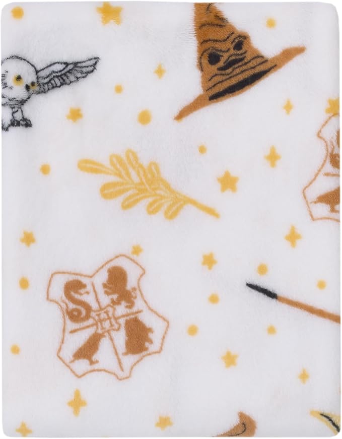 Warner Brothers Harry Potter White, Gold, and Tan Super Soft Plush Baby Blanket