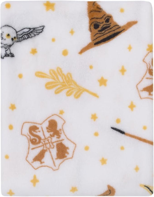 Warner Brothers Harry Potter White, Gold, and Tan Super Soft Plush Baby Blanket
