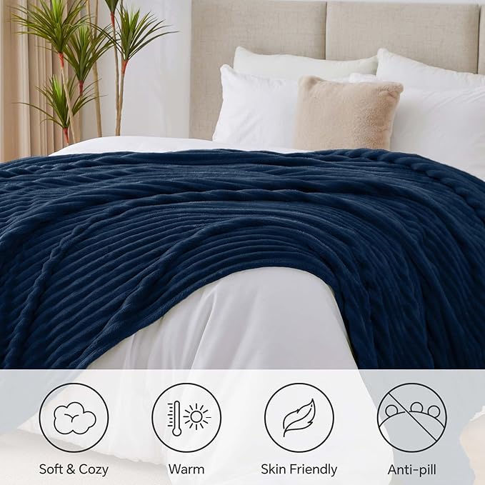BEDELITE Ribbe Blankets Queen Size for Bed, Navy, 90"x90" | Ultra-Soft Plush Fleece, Warm Yet Lightweight, Ribbed Texture, Home Decor, Machine Washable, Giftable, All-Season Use