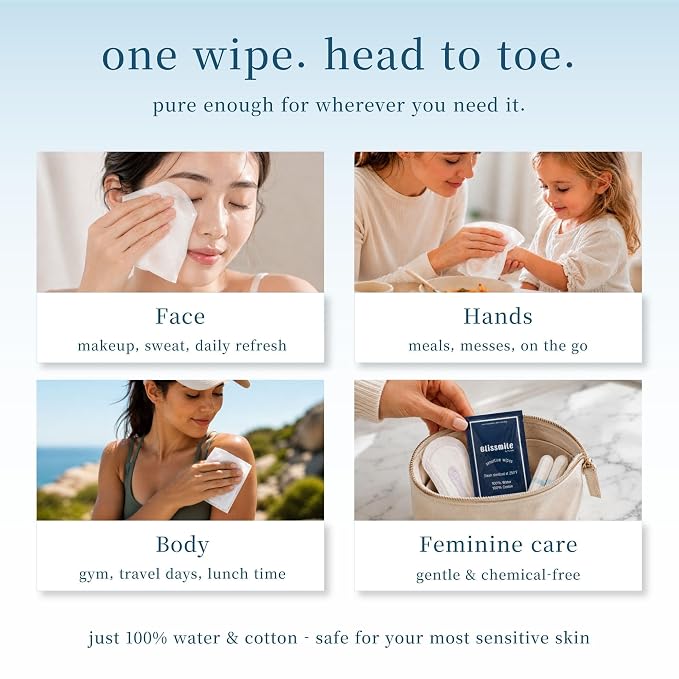 Blissmile 100% Water Wet Wipes, Individually Wrapped Travel Size - Unscented & Fragrance-Free, 100% Cotton - Gentle for Baby, Women & Sensitive Skin - Face, Hand, Body & Feminine Care - 220 ct