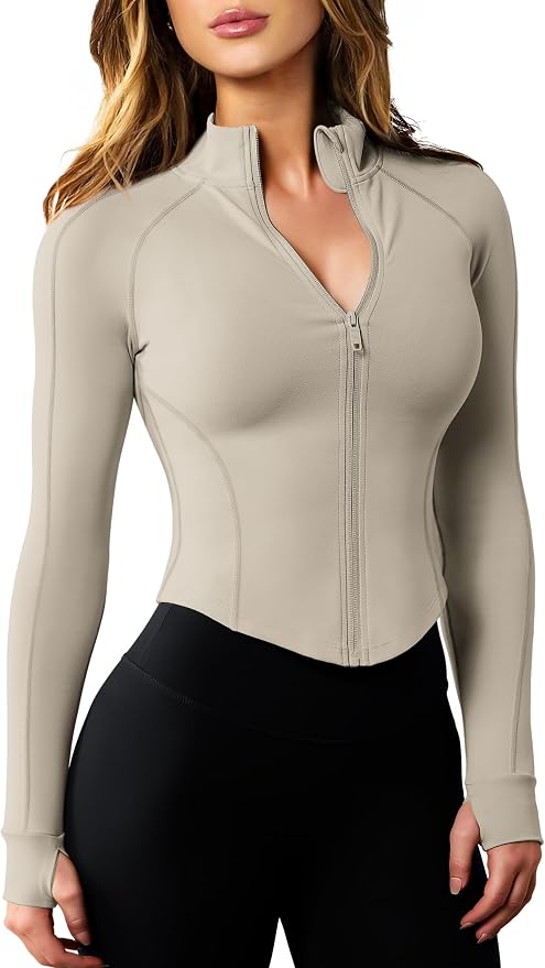 AVGO Women's Workout Jacket Lightweight Zip Up Cropped Yoga Jackets Slim Fit Athletic Tops with Thumb Holes