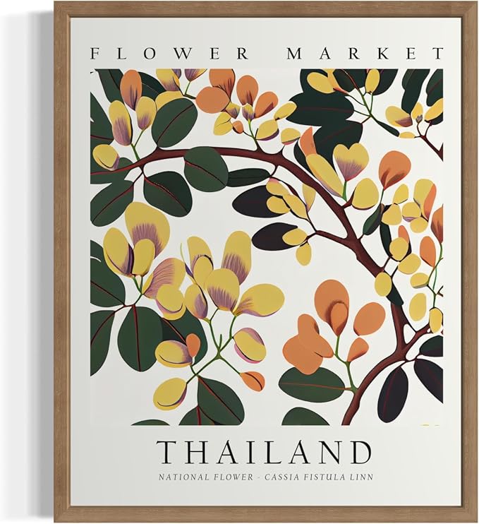Thailand Flower Market Art Print Poster, Wall Art Floral Painting Botanical Decor for Bedroom, Kitchen, Bathroom Livingroom Decoration 82B (Thailand, 20"L x 16"W, Wood Frame)