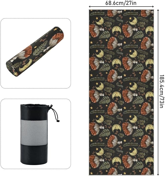 Retro Mushroom Moon Yoga Mat Towel Non Slip Soft Sweat Absorbent Hot Yoga Mat Towel, for Hot Yoga, Pilates and Workout-73 x 27 Inch