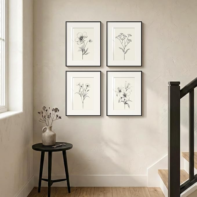 Framed Black and White Floral Wall Art for Bedroom, Vintage Minimalist Botanical Prints Artwork for Walls, Neutral Flower Pictures for Modern Farmhouse Bedroom Living Room Office Wall Decor, 12x16 In