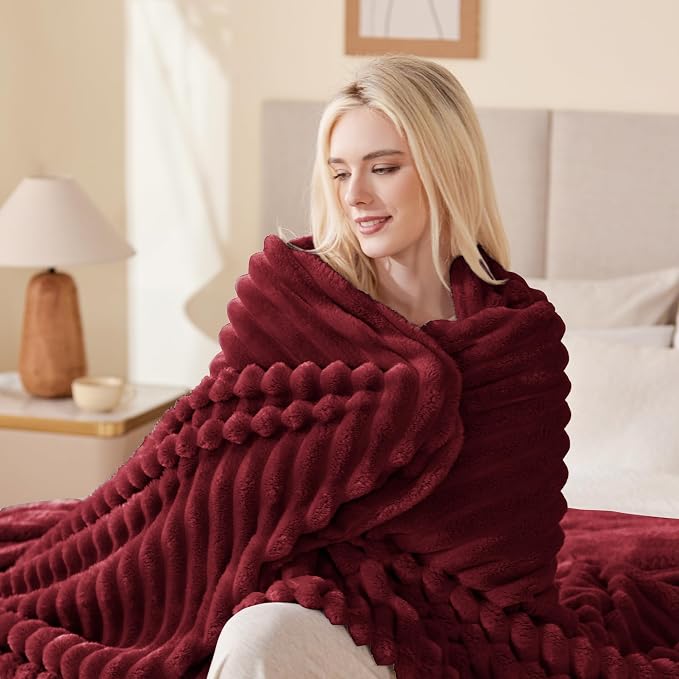EXQ Home Fleece Throw Blanket for Couch or Bed - 3D Stripe Jacquard Decorative Blankets - Cozy Soft Lightweight Fuzzy Flannel Blanket Suitable for All Seasons(50"×60",Red)
