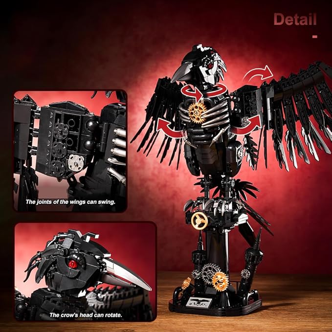 1018PCS Mechanical Crow Building Set, Mechanical Raven Bird，DIY Model Kit with Moving Wings & Rotating Head, Compatible Building Blocks for Adults & Kids 8+